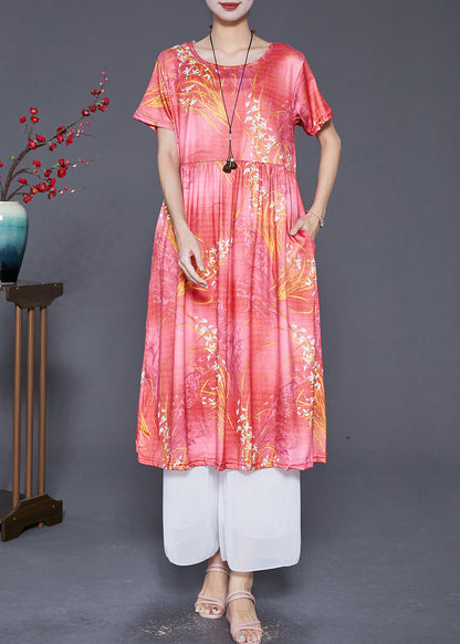 Handmade Red O-neck Print Cotton Maxi Dresses Summer
