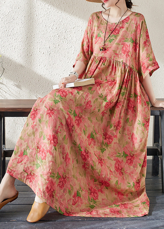 Handmade Red O-neck Print Patchwork Maxi Dress Summer