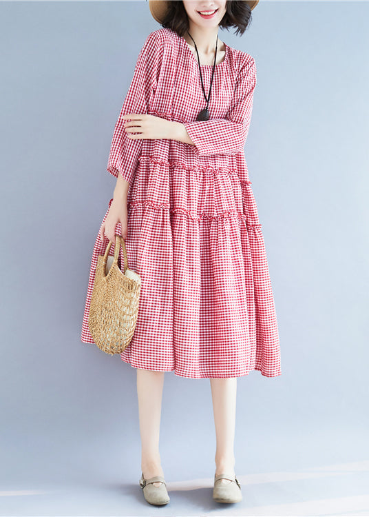 Handmade Red O-neck Ruffled Plaid Holiday Dress Long Sleeve