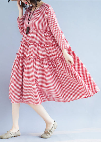 Handmade Red O-neck Ruffled Plaid Holiday Dress Long Sleeve
