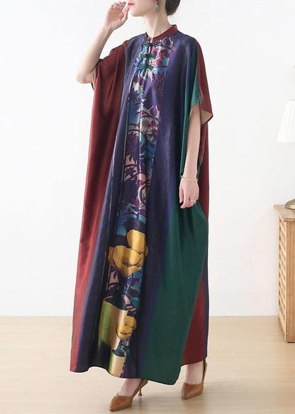 Handmade Red Purple Green Print Chiffon Dress Loose Summer Dress