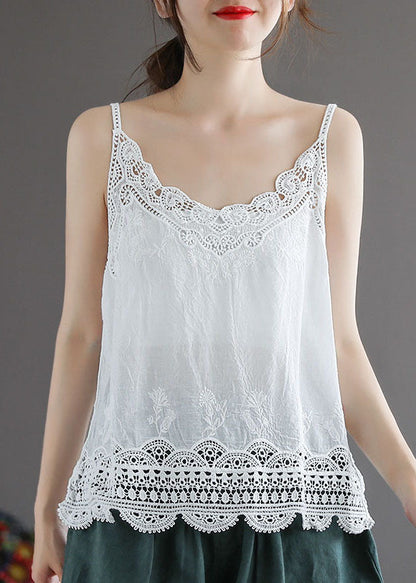 Handmade White Lace Patchwork Cotton Spaghetti Strap Tops Summer
