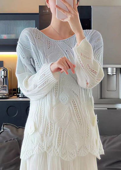 Handmade White O Neck Knit Sweater Tops Fall