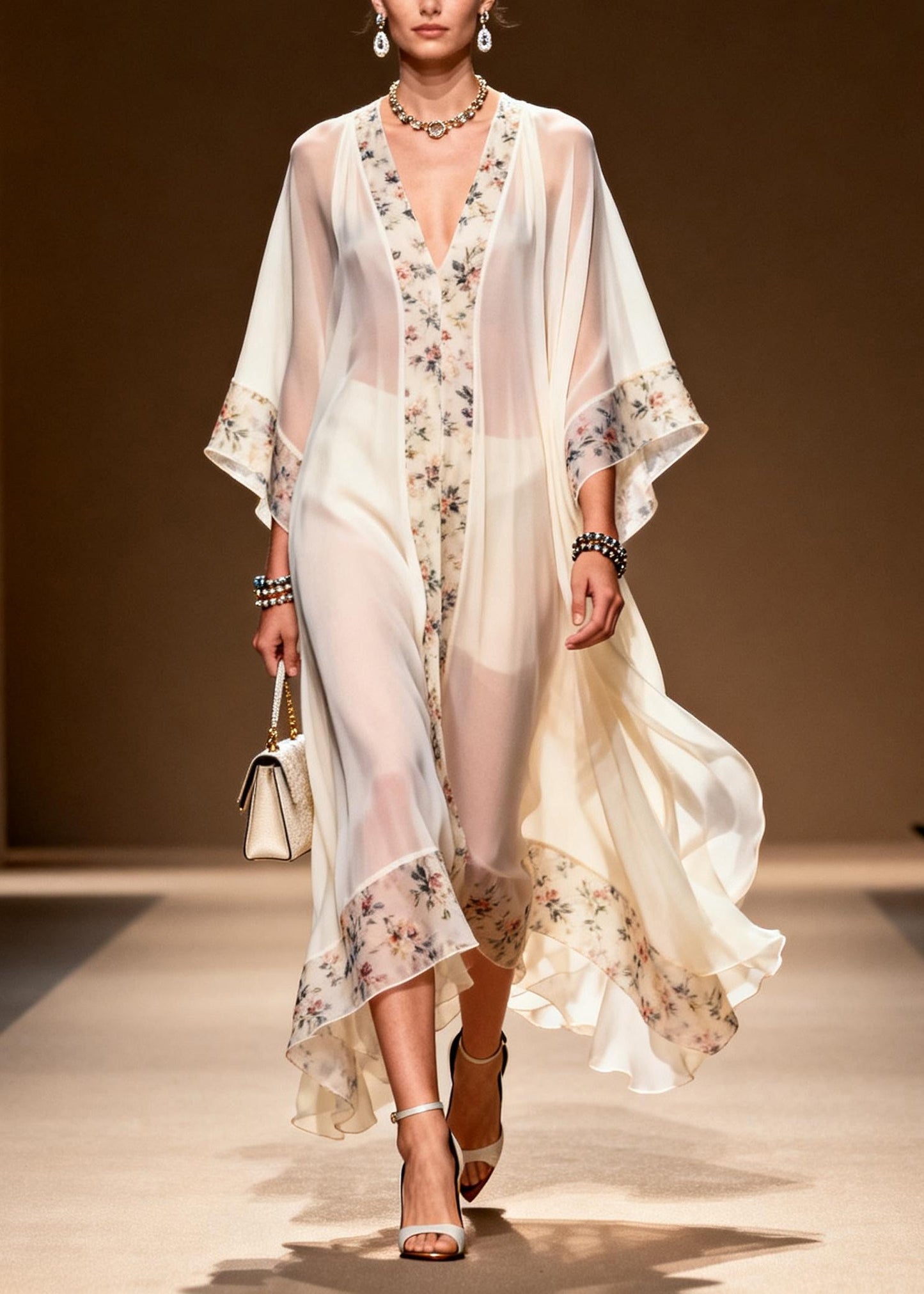 Handmade White Oversized Patchwork Print Chiffon Dress Summer