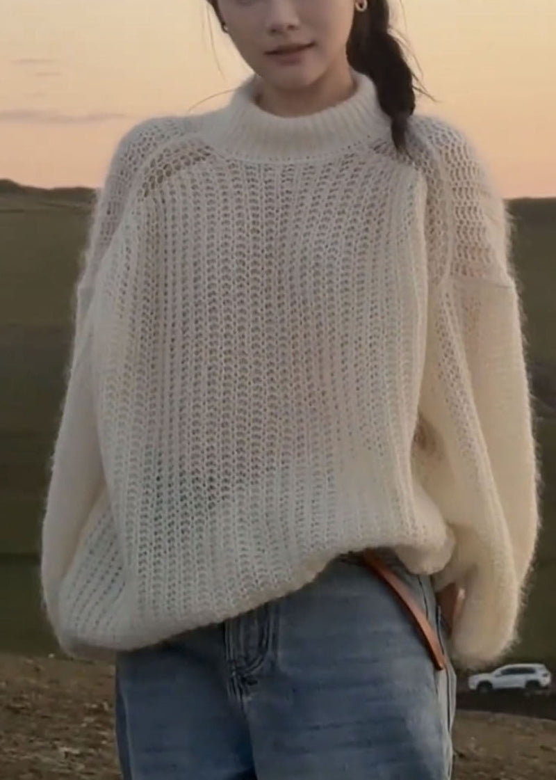 Handmade White Patchwork Cotton Knit Sweaters Spring