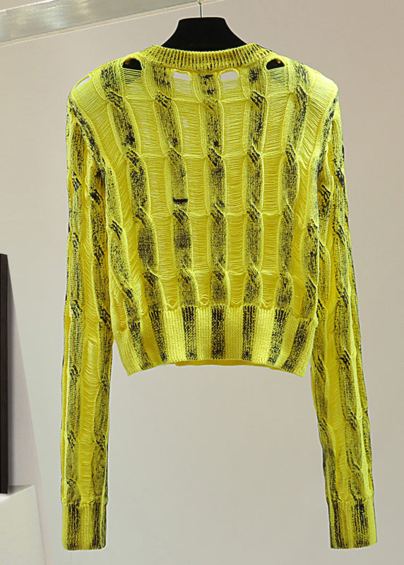 Handmade Yellow O-neck Striped Patchwork Knit Sweater Spring