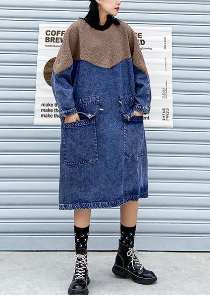 Handmade Denim Blue Cotton Quilting Dresses Drawstring Long Patchwork Dresses