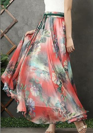 Handmade Elastic Tie Waist Chiffon Tunic Pattern Work Outfits Red Prints Dresses Summer