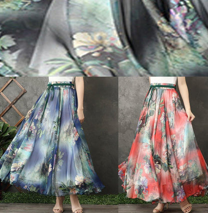 Handmade Elastic Tie Waist Chiffon Tunic Pattern Work Outfits Red Prints Dresses Summer