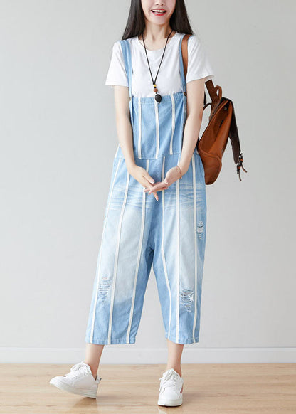 Handmade Light Blue Pockets Striped Jumpsuits Summer