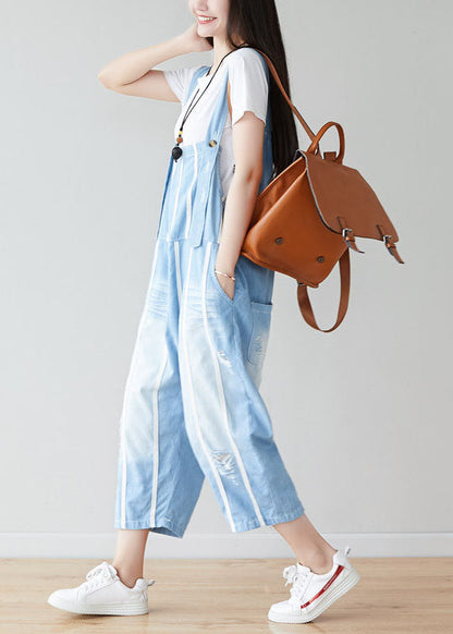 Handmade Light Blue Pockets Striped Jumpsuits Summer