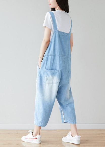 Handmade Light Blue Pockets Striped Jumpsuits Summer