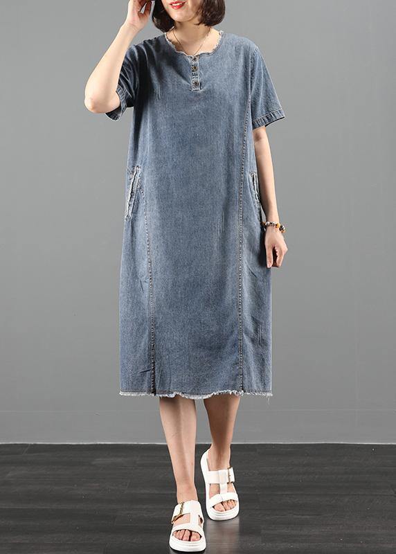 Handmade O Neck Pockets Wardrobes Fabrics Denim Blue Dresses