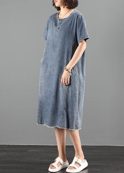 Handmade O Neck Pockets Wardrobes Fabrics Denim Blue Dresses