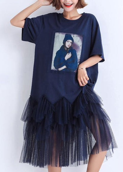 Handmade Patchwork Tulle Cotton Clothes for Photography Dark Blue Midi Dress Summer