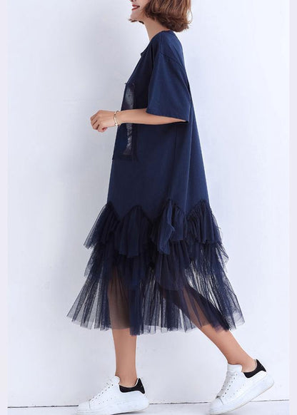 Handmade Patchwork Tulle Cotton Clothes for Photography Dark Blue Midi Dress Summer