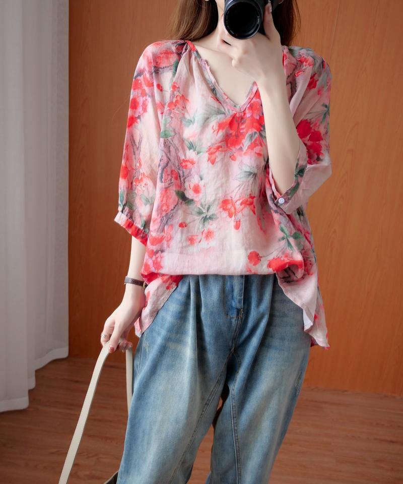 Handmade V Neck Summer Shirts Wardrobes Red Print Blouses