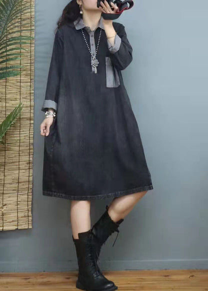 Handmade Blue V Neck Patchwork Denim Dresses Winter