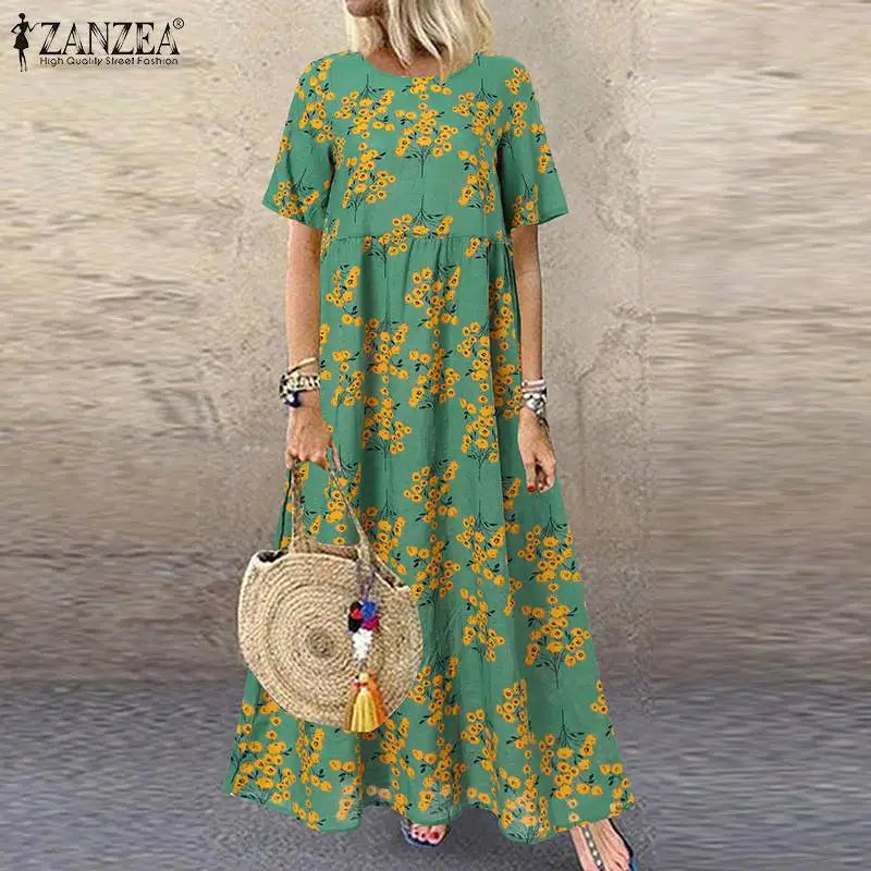 CD | 2024 ZANZEA Femei Boemiană Mâneci scurte Floral imprimate Sundress O Neck Holiday Kaftan Vestido Baggy Dress Rochii lungi de vară