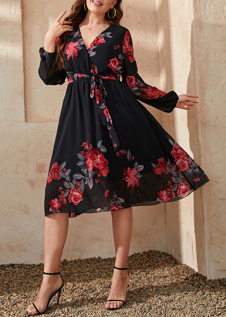 Ialian Black V Neck Tie Waist Patchwork Chiffon Mid Dresses Fall
