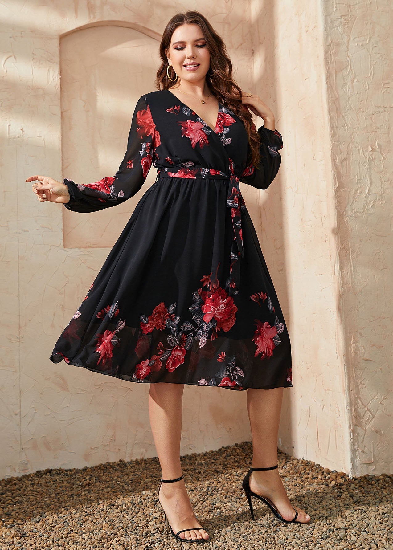 Ialian Black V Neck Tie Waist Patchwork Chiffon Mid Dresses Fall