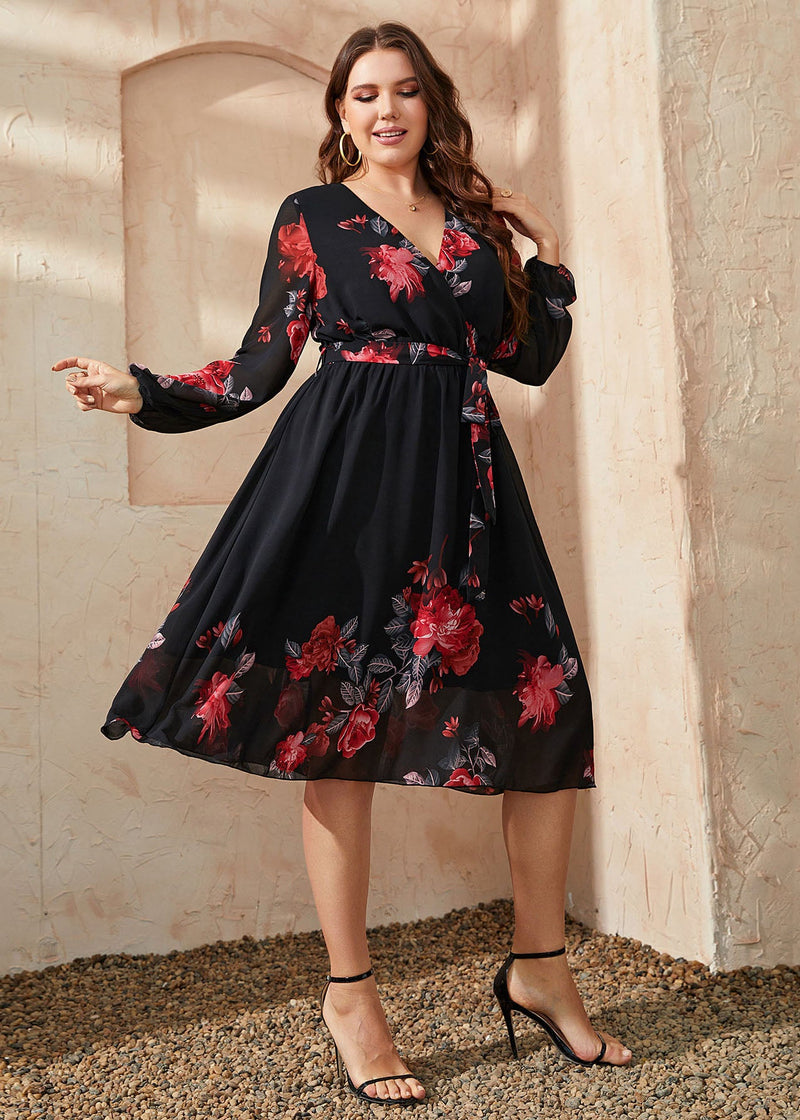 Ialian Black V Neck Tie Waist Patchwork Chiffon Mid Dresses Fall
