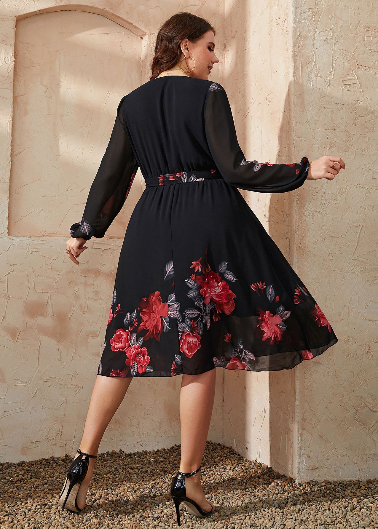 Ialian Black V Neck Tie Waist Patchwork Chiffon Mid Dresses Fall