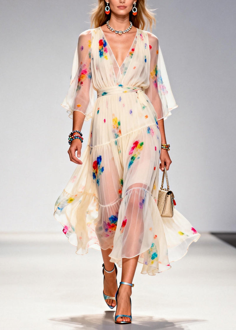 Italian Apricot V Neck Tie Dye Chiffon Party Dresses Summer