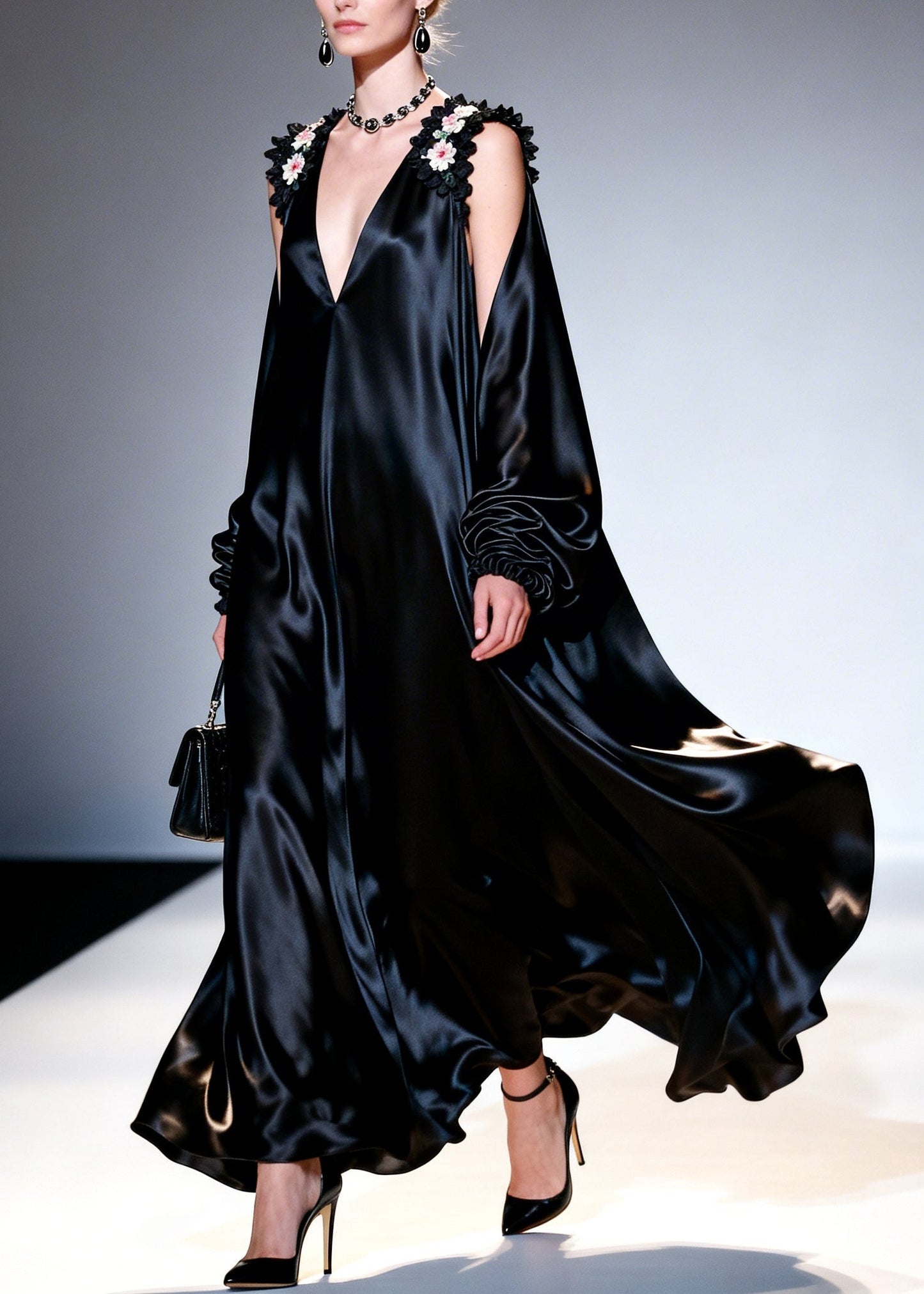 Italian Black Cold Shoulder Silk Party Dress Summer