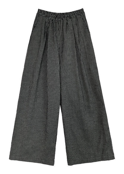 Italian Black Oversized Striped Cotton Wide Leg Pants Spring