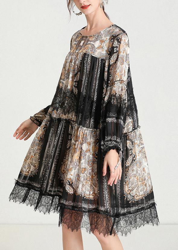 Italian Black Print Chiffon O-neck Summer Party Dress