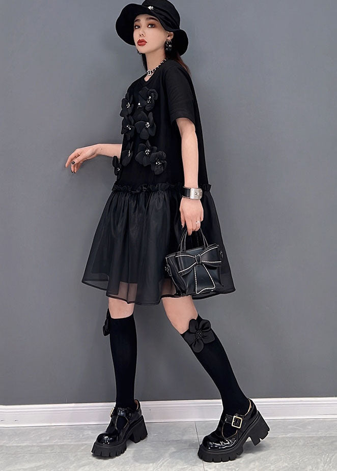 Italian Black Ruffled Tulle Patchwork Cotton Mid Dress Short Sleeve