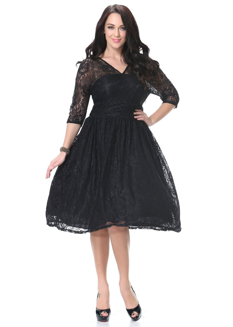 Italian Black V Neck Hollow Out Wrinkled Lace Mid Dress Bracelet Sleeve
