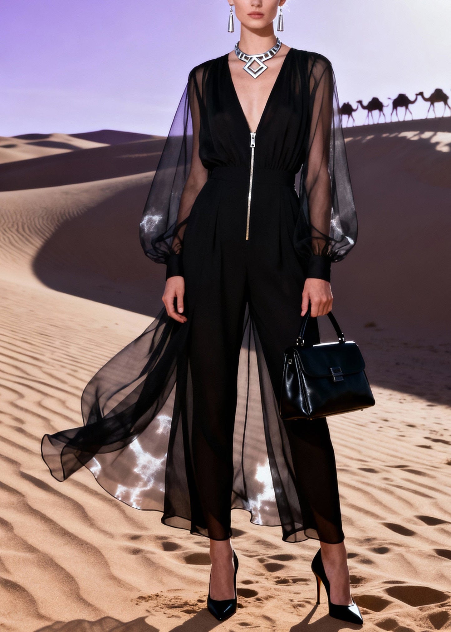 Italian Black V Neck Patchwork Tulle Jumpsuit Lantern Sleeve