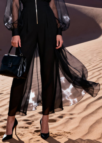 Italian Black V Neck Patchwork Tulle Jumpsuit Lantern Sleeve