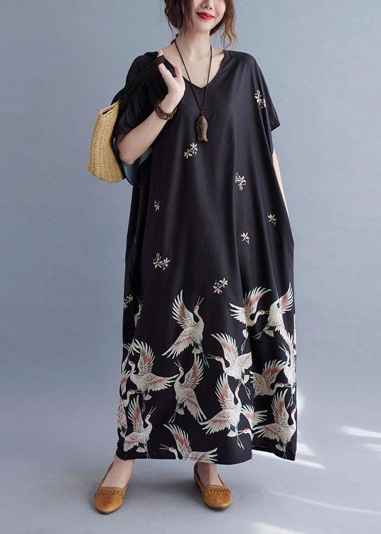 Italian Gray Bamboo V Neck Pockets Print Summer Holiday Dress Short Sleeve