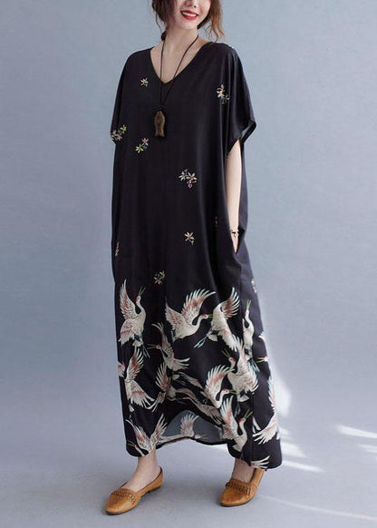 Italian Gray Bamboo V Neck Pockets Print Summer Holiday Dress Short Sleeve
