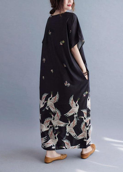 Italian Gray Bamboo V Neck Pockets Print Summer Holiday Dress Short Sleeve