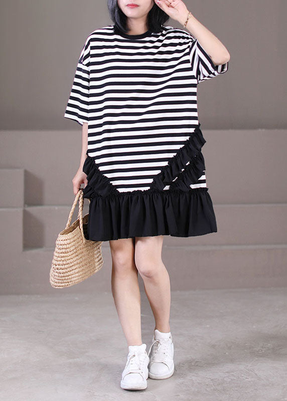 Italian Black White Striped O-neck Patchwork Ruffled Robe Dresses Short Sleeve