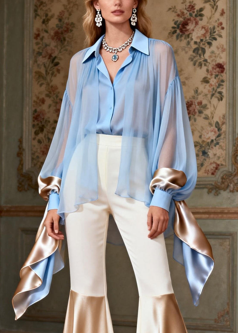 Italian Blue False Two Pieces Shirts and White Flared Trousers Silk Patchwork Two Pieces Set Spring
