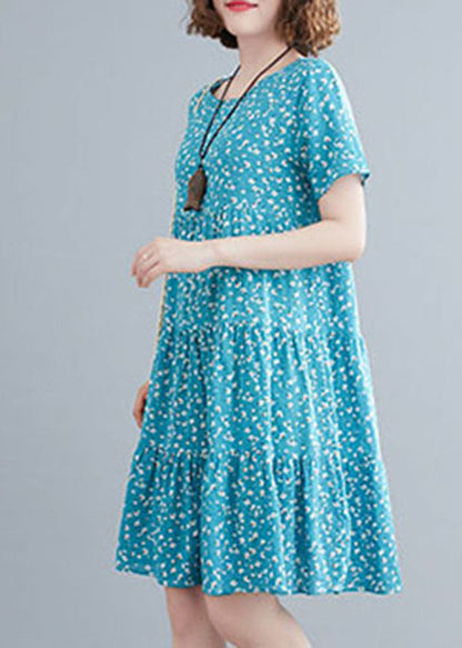 Italian Blue O-neck Print Cotton Holiday Dress Short Sleeve