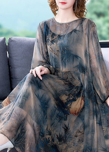 Italian Blue O-neck Wrinkled Print Patchwork Silk Dress Two Pieces Set Summer