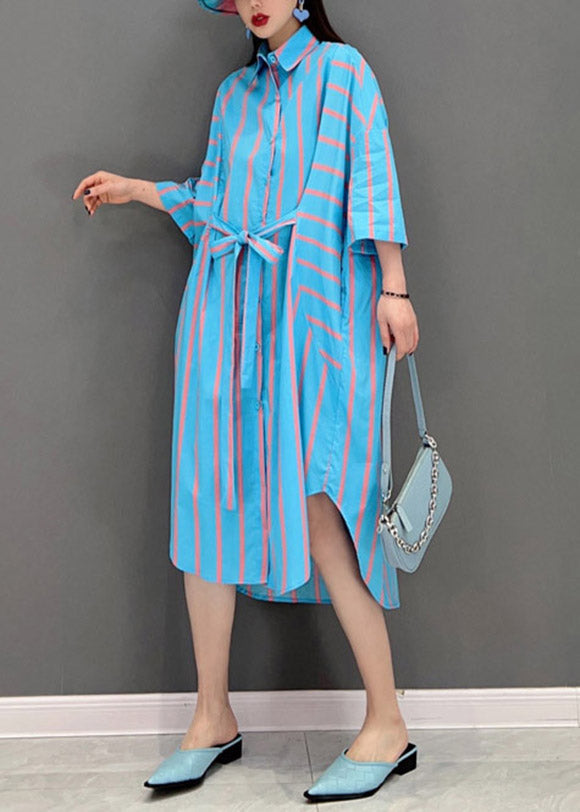 Italian Blue Peter Pan Collar Button Tie Waist Striped Shirt Dress Batwing Sleeve