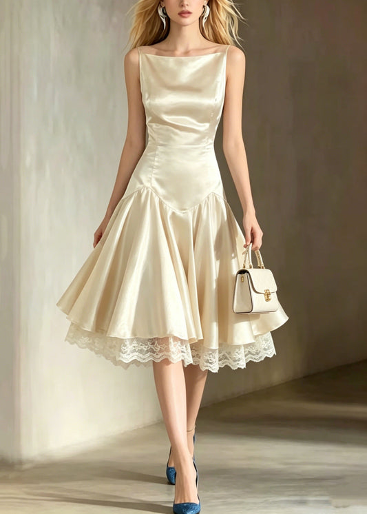 Italian Champagne Lace Patchwork Silk Spaghetti Strap Dress Summer