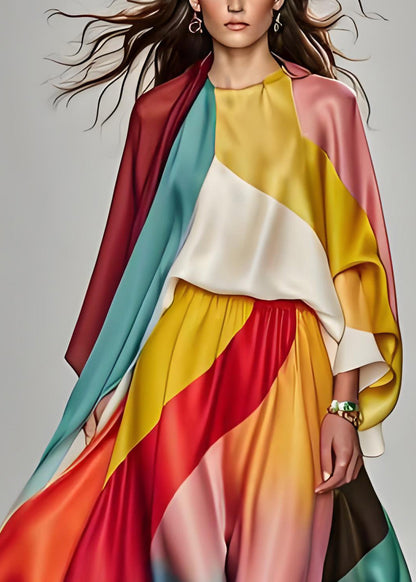 Italian Colorblock Tops and Pants Silk Two Piece Suit Set Summer