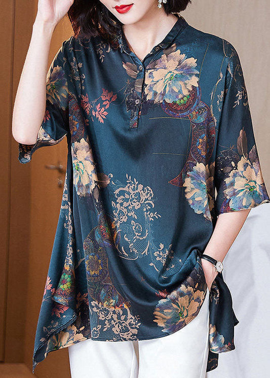 Italian Dark Blue Peter Pan Collar Button Asymmetrical Print Silk Tops Spring