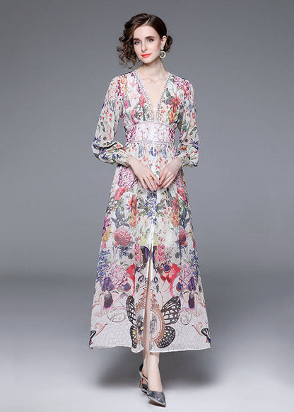Italian V Neck Front Open Patchwork Chiffon Vacation Dresses Long Sleeve