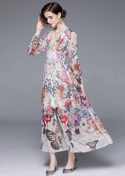Italian V Neck Front Open Patchwork Chiffon Vacation Dresses Long Sleeve