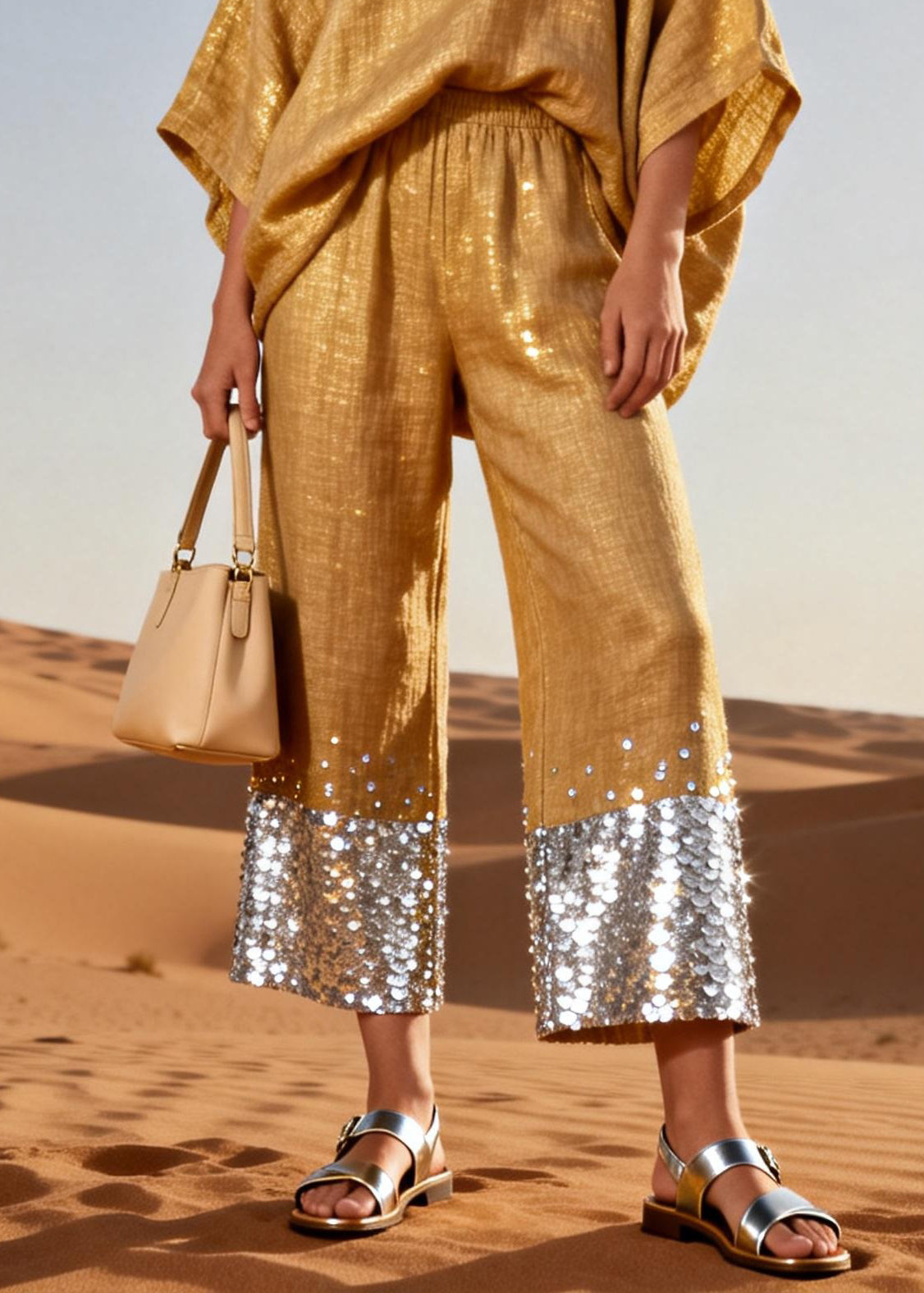 Italian Gold V Neck Elastic Waist Sequins Patchwork Linen Two Pieces Set Batwing Sleeve
