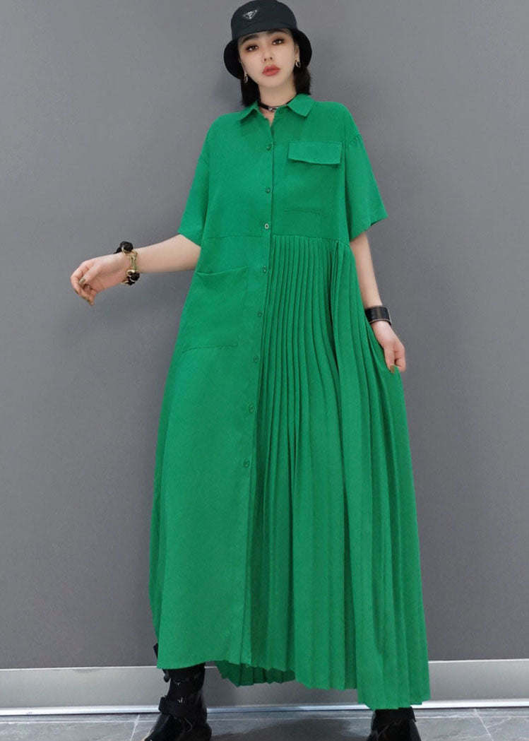 Italian Green Peter Pan Collar Patchwork Wrinkled Color Cotton Shirt Dress Short Sleeve